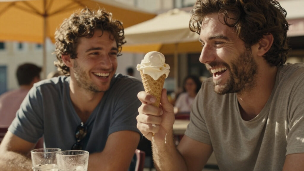 Deux amis discutant à une terrasse en été, illustrant une blague sur le canicule humour et les excès de glaces.