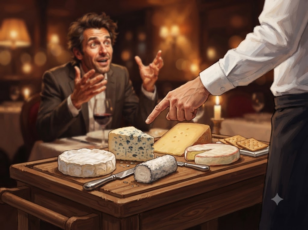 Chariot de fromages français dans un restaurant avec chèvre, camembert et roquefort visibles, serveur perplexe, client (Albert) gesticulant pour expliquer le rompi qui n'existe pas, illustrant le quiproquo humoristique de la blague.