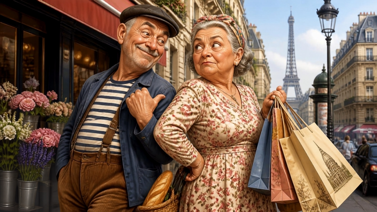 Couple de paysans français âgés (Marcel et Germaine) faisant du shopping à Paris avec des sacs de courses, illustrant la blague humoristique sur le salon de l'agriculture, la batteuse et la réplique cinglante de Germaine sur l'épi.