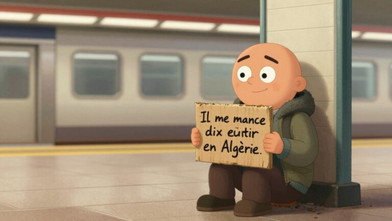 Illustration colorée et humoristique d'une scène de métro avec une pancarte, représentant une blague courte et intelligente à raconter en pause café.