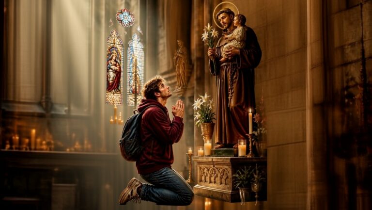 Éclair traversant les vitraux d'une église illuminant un étudiant choqué qui lève les yeux, illustrant le moment où la voix divine agacée répond à Kevin après trois ans de promesses non tenues dans cette blague humoristique.