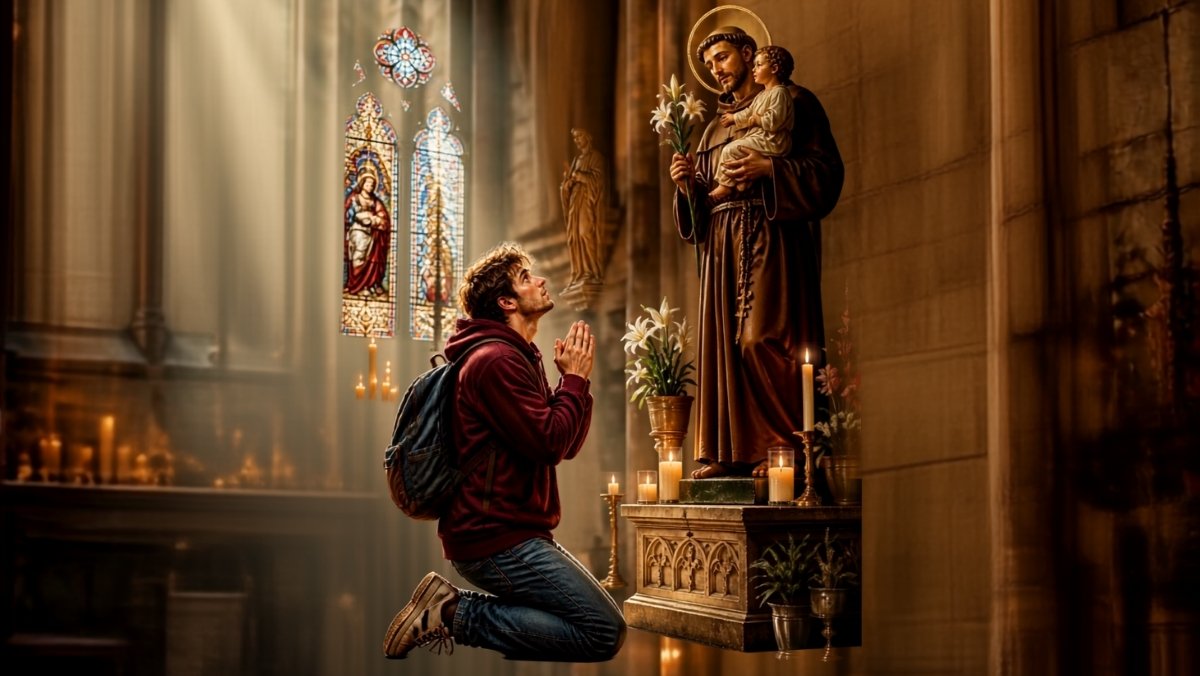 Éclair traversant les vitraux d'une église illuminant un étudiant choqué qui lève les yeux, illustrant le moment où la voix divine agacée répond à Kevin après trois ans de promesses non tenues dans cette blague humoristique.