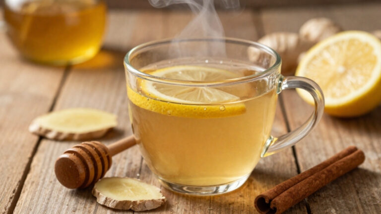 Un gros plan chaleureux d'une tasse de tisane fumante (miel, citron et gingembre) posée sur une table en bois, avec une cuillère à miel à côté, dans une atmosphère douce et réconfortante.