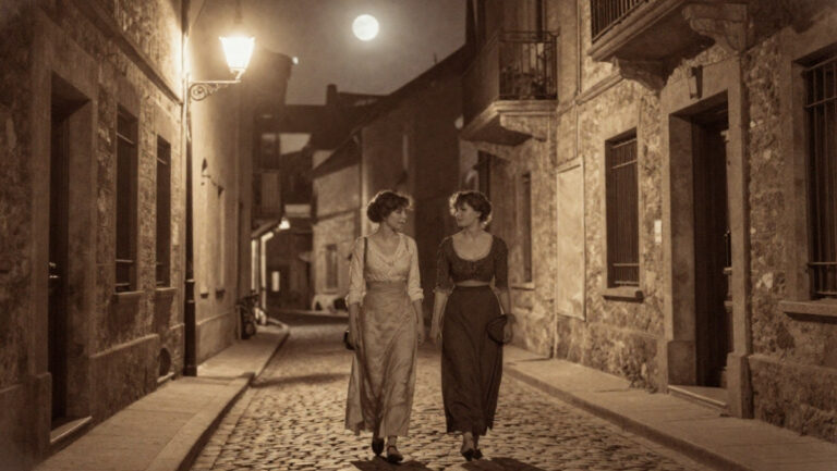 Deux amies marchant de nuit après une soirée festive, style rétro.