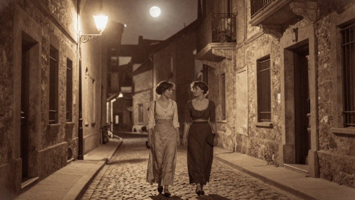 Deux amies marchant de nuit après une soirée festive, style rétro.