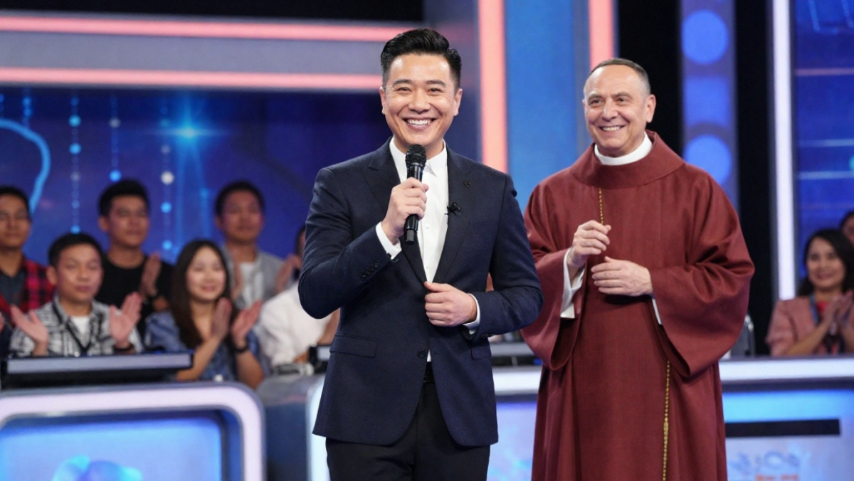 Un curé souriant et un animateur de télévision sur un plateau de jeu télévisé, dans une ambiance lumineuse et festive.
