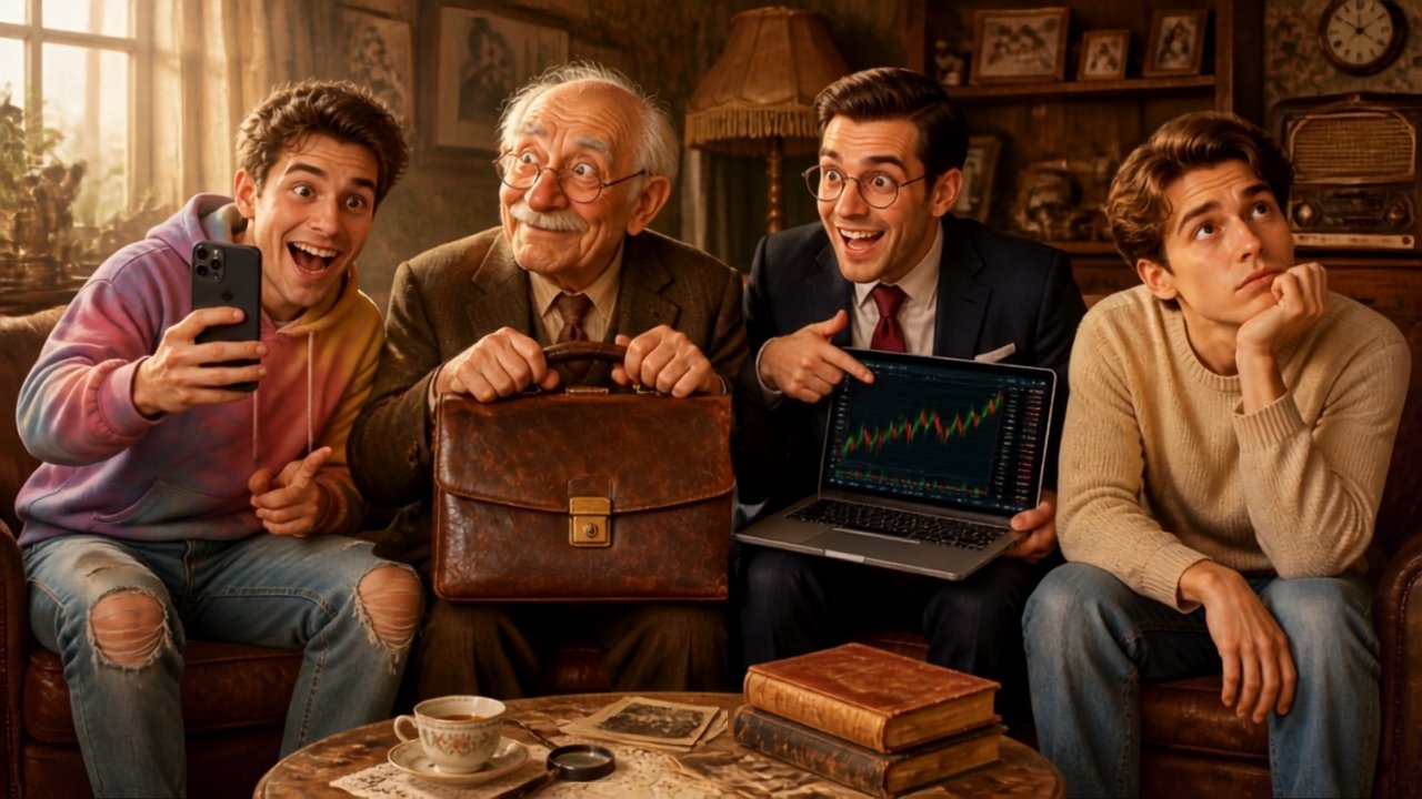 Vieil homme de 92 ans assis dans un salon poussiéreux avec une mallette en cuir, entouré de trois jeunes hommes (influenceur TikTok, trader crypto, et jeune rêveur), illustrant la blague humoristique sur l'héritage familial et la mauvaise foi d'oncle Paul.