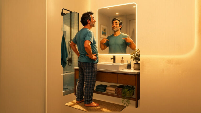 Homme debout devant un miroir de salle de bains dans une scène humoristique illustrant la blague de l'hypnotiseur où le mari se répète qu'elle n'est pas sa femme, histoire drôle de couple.