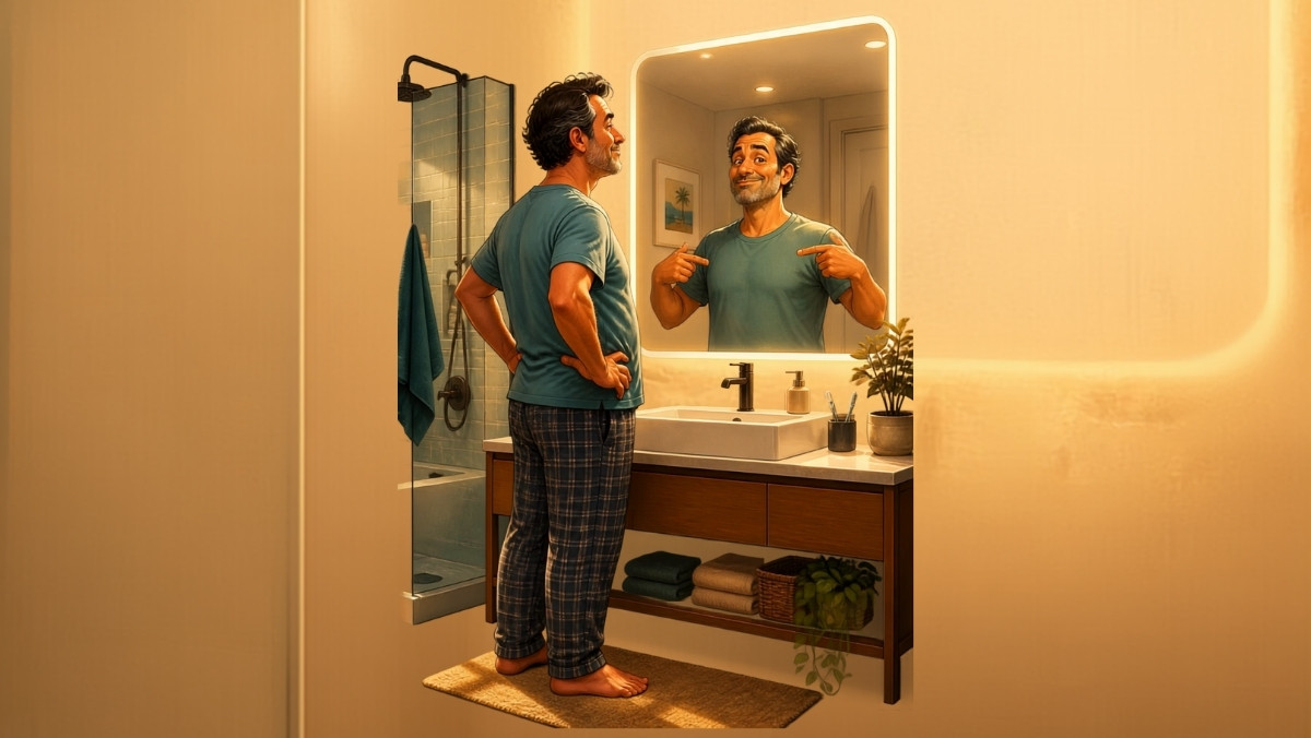 Homme debout devant un miroir de salle de bains dans une scène humoristique illustrant la blague de l'hypnotiseur où le mari se répète qu'elle n'est pas sa femme, histoire drôle de couple.