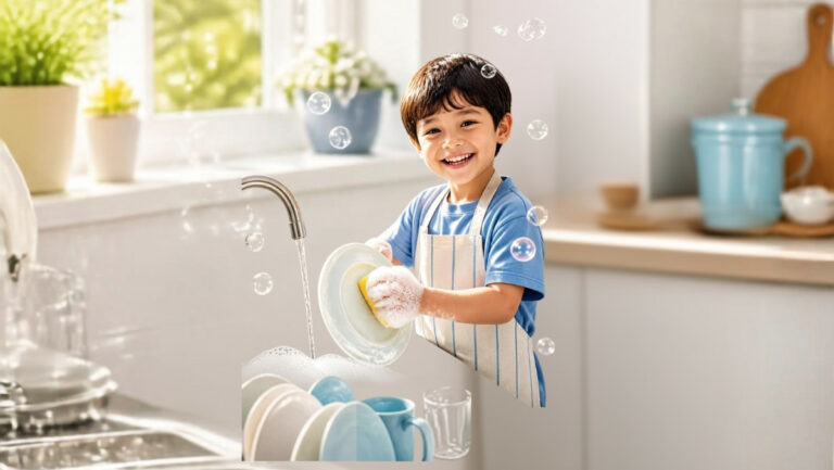 Jeune garçon souriant faisant la vaisselle dans une cuisine lumineuse avec un tablier, illustrant le geste simple qui a déclenché la blague de l'enfant modèle et la réaction des parents.