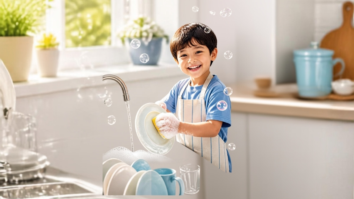 Jeune garçon souriant faisant la vaisselle dans une cuisine lumineuse avec un tablier, illustrant le geste simple qui a déclenché la blague de l'enfant modèle et la réaction des parents.