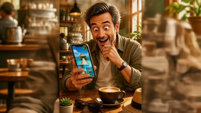 Homme assis dans un café regardant son smartphone avec expression choquée et amusée, découvrant des photos de vacances aux Maldives, illustrant la blague humoristique sur la pension alimentaire et les parents séparés.