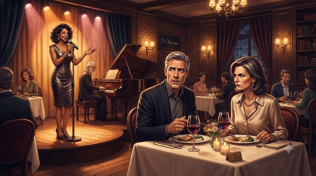 Chanteuse sur scène dans un restaurant annonçant une dédicace de chanson pour Robert à la table 7, couple mal à l'aise en arrière-plan, illustrant le quiproquo croissant de la blague humoristique sur Robert au restaurant.