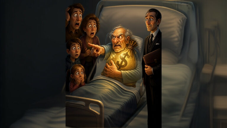 Vieil avare grincheux allongé dans un lit d'hôpital, pointant du doigt sa famille choquée et son notaire calme, tout en serrant un sac d'argent, illustrant la blague humoristique sur le testament de l'avare et la banque du Ciel.
