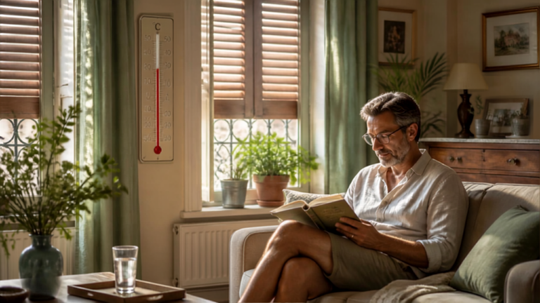 Maison fraîche pendant canicule : thermomètre affichant 23°C avec volets fermés et plantes vertes