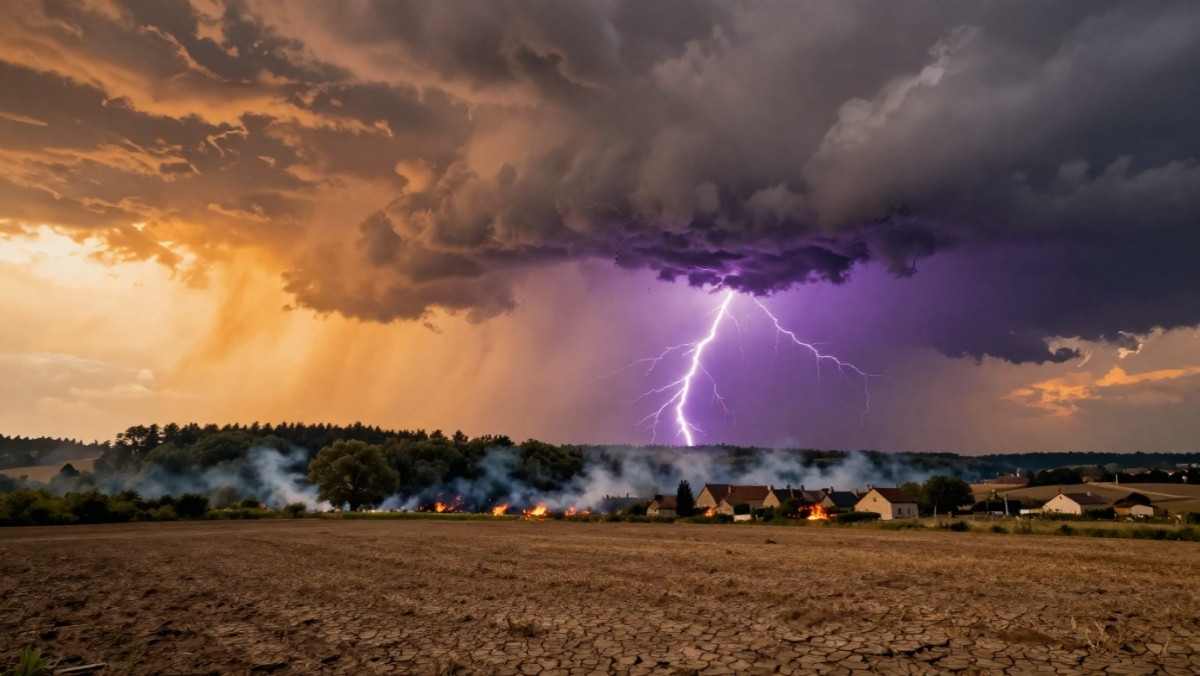 Paysage français le 15 juillet 2026 illustrant la fin de la canicule, les risques d'incendies en forêt et l'arrivée des orages