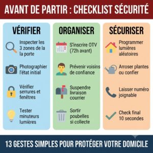 Infographie : Checklist sécurité avant de partir. Trois colonnes : VÉRIFIER (Inspecter porte, Photographier, Vérifier serrures, Tester lumières), ORGANISER (S'inscrire OTV, Prévenir voisins, Suspendre courrier, Sortir poubelles), SÉCURISER (Programmer lumières, Arroser plantes, Laisser numéro, Check final). Titre en bas : 13 gestes simples pour protéger votre domicile.
