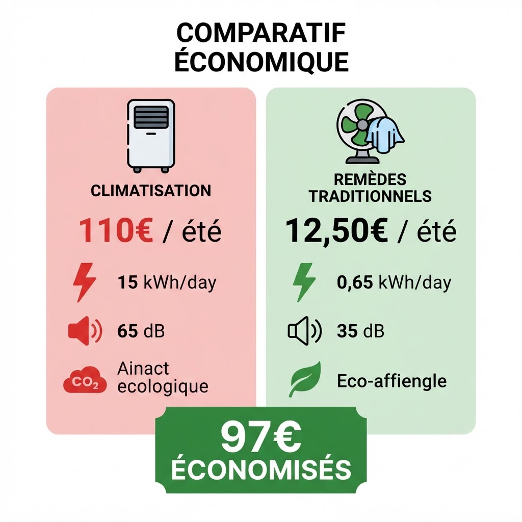 Comparatif économique : climatisation mobile coûte 110€ par été versus remèdes de grand-mère avec ventilateur à 12,50€ par été - économie de 97€