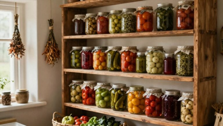 Étagères de cave avec bocaux de conserves maison (légumes stérilisés, confitures, pickles, fruits séchés) selon les méthodes ancestrales de conservation sans congélateur
