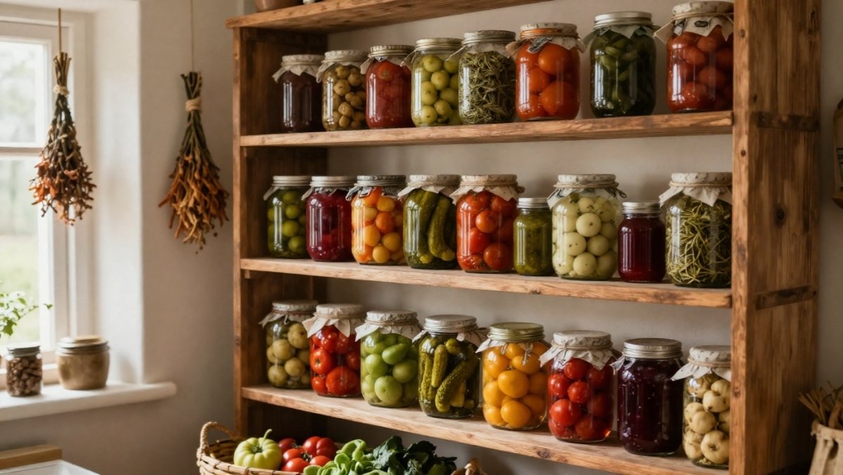 Étagères de cave avec bocaux de conserves maison (légumes stérilisés, confitures, pickles, fruits séchés) selon les méthodes ancestrales de conservation sans congélateur