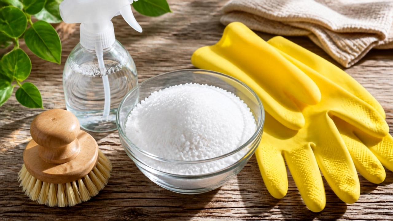 Bol de cristaux de soude blancs avec gants de ménage jaunes, brosse et vaporisateur sur table en bois, illustrant le nettoyage écologique puissant et les précautions de sécurité pour l'utilisation des cristaux de soude.