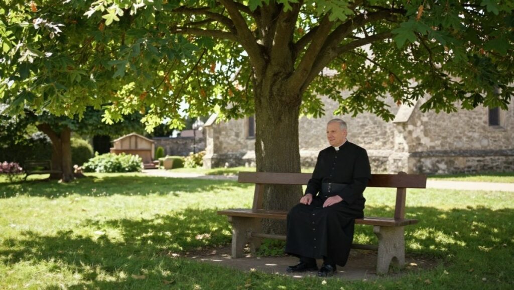 Un prêtre en soutane noire assis sur un banc en bois à l'ombre d'un grand marronnier dans le jardin d'une église