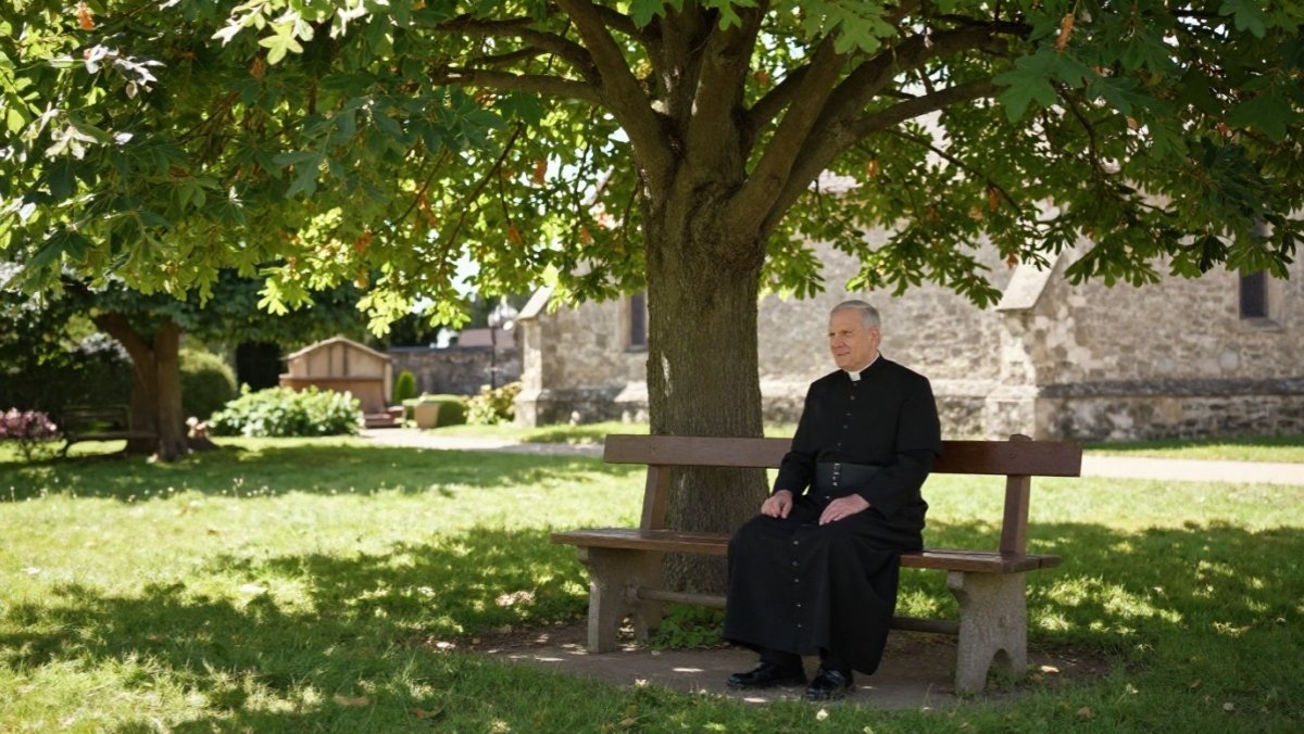 Un prêtre en soutane noire assis sur un banc en bois à l'ombre d'un grand marronnier dans le jardin d'une église