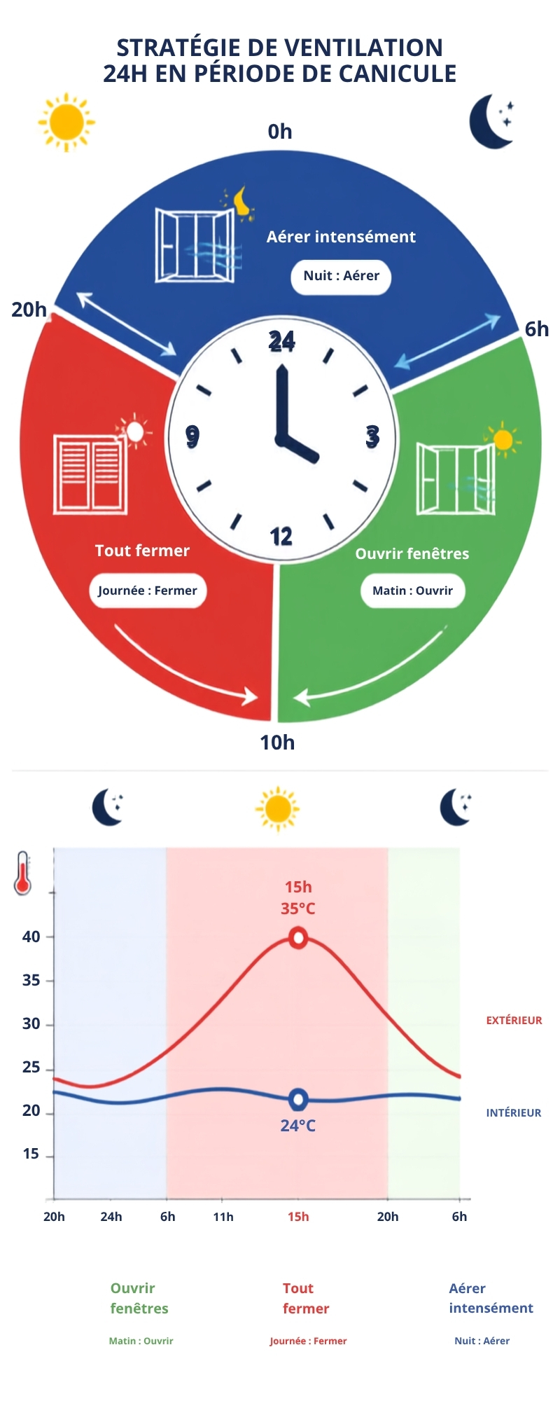 Cycle de 24 heures pour aérer sa maison pendant la canicule : ouvrir le matin, fermer la journée, aérer la nuit
