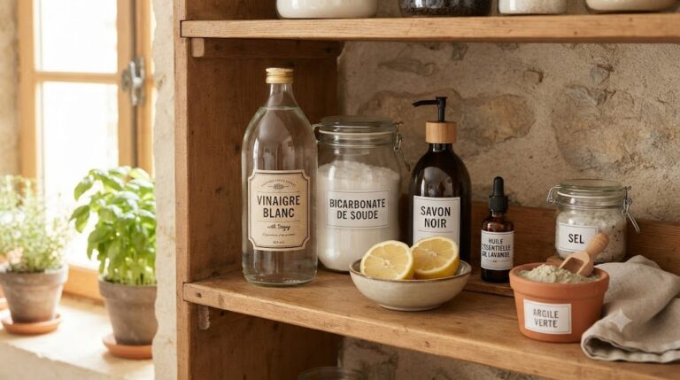Assortiment de 7 produits ménagers naturels sur une étagère en bois : vinaigre blanc, bicarbonate de soude, savon noir, citron, sel, huile essentielle de lavande et argile verte pour le nettoyage écologique de la maison