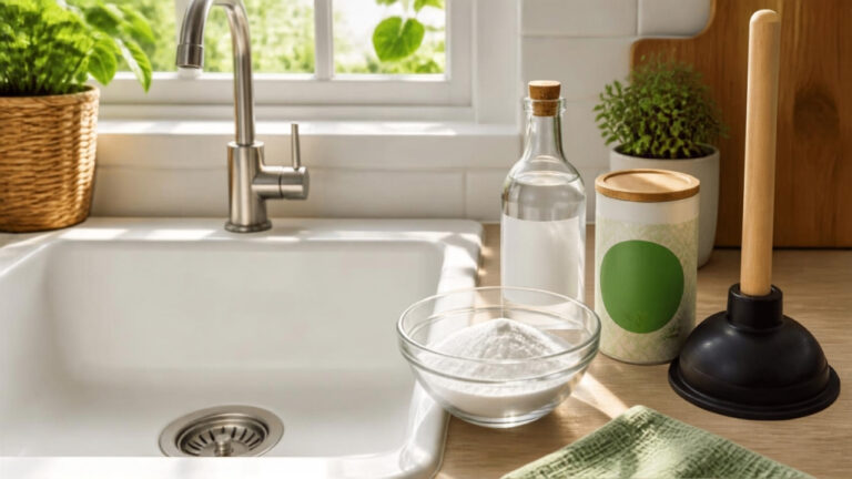 Évier de cuisine propre avec produits naturels pour déboucher les canalisations (bicarbonate de soude, vinaigre blanc, cristaux de soude, ventouse) posés sur le plan de travail, illustrant les méthodes écologiques pour déboucher évier, douche et WC sans produits chimiques toxiques ni plombier.