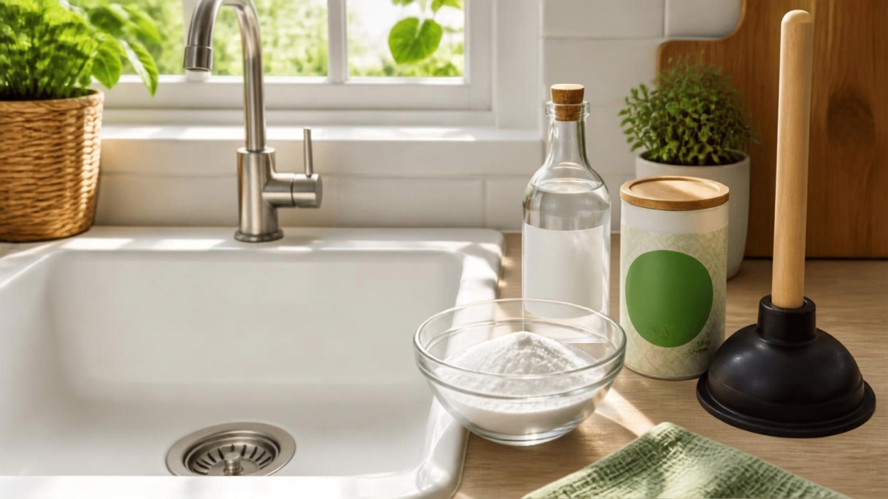Évier de cuisine propre avec produits naturels pour déboucher les canalisations (bicarbonate de soude, vinaigre blanc, cristaux de soude, ventouse) posés sur le plan de travail, illustrant les méthodes écologiques pour déboucher évier, douche et WC sans produits chimiques toxiques ni plombier.