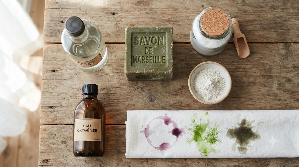 Composition de détachants naturels sur table en bois : savon de Marseille, bicarbonate de soude, vinaigre blanc, terre de Sommières et tissu taché, illustrant les solutions écologiques pour enlever les taches de sang, vin, herbe et gras du linge et de la maison.