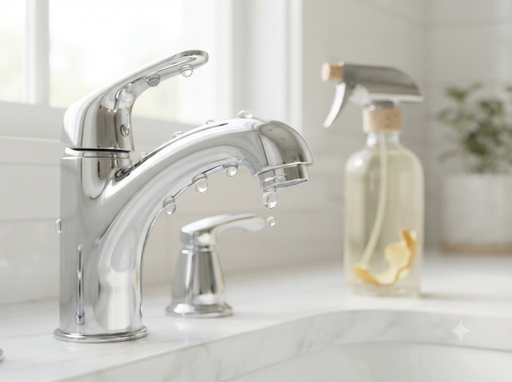 Robinetterie chromée de salle de bain parfaitement brillante et détartrée grâce à l'astuce du vinaigre blanc, avec un vaporisateur de produit naturel en arrière-plan flou.