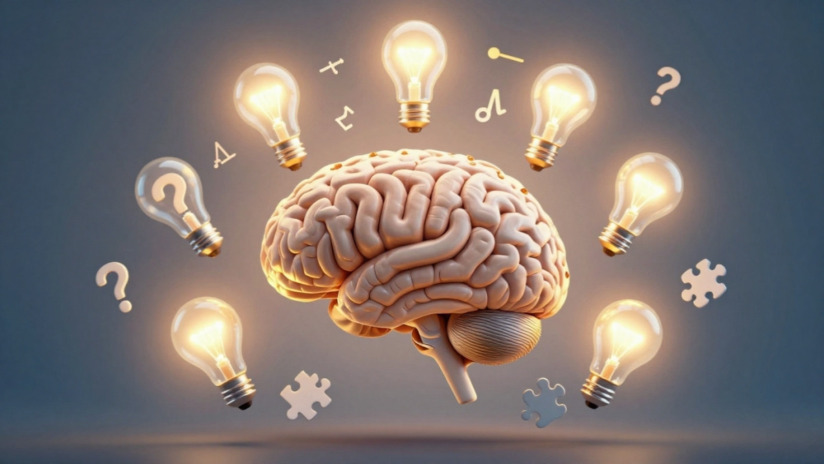 Illustration d'un cerveau humain entouré de symboles mathématiques, de points d'interrogation et d'ampoules allumées, représentant les devinettes difficiles et la réflexion logique nécessaire pour résoudre des énigmes complexes.