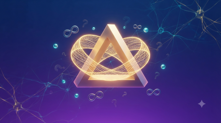 Illustration conceptuelle 3D d'un ruban de Möbius doré et d'un triangle de Penrose flottant dans un espace bleu nuit, représentant des devinettes logiques originales, des paradoxes mathématiques et des énigmes complexes à résoudre.