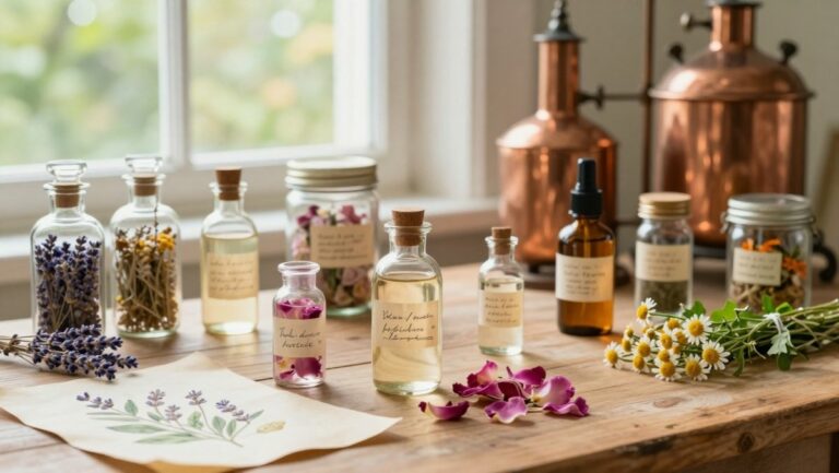 Guide des eaux florales et hydrolats pour la peau : bouteilles de rose, hamamélis et lavande avec ingrédients de beauté naturelle.