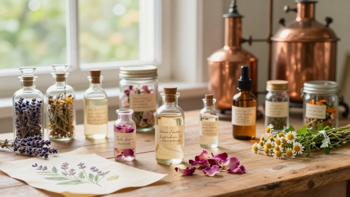 Guide des eaux florales et hydrolats pour la peau : bouteilles de rose, hamamélis et lavande avec ingrédients de beauté naturelle.