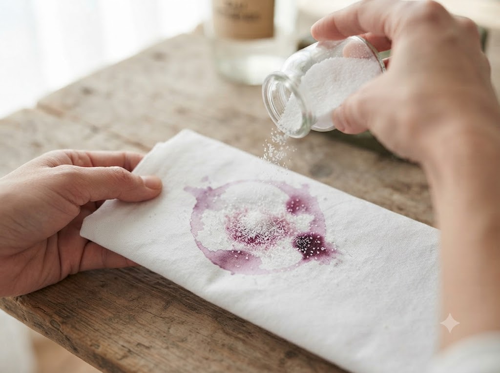 Mains saupoudrant du sel fin sur une tache de vin rouge fraîche sur une serviette en coton blanc, montrant l'astuce naturelle d'urgence pour absorber le vin et enlever la tache avant lavage.