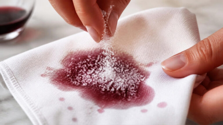 Mains saupoudrant du sel fin sur une tache de vin rouge fraîche sur une serviette en coton blanc, montrant l'astuce naturelle d'urgence pour absorber le vin et enlever la tache avant lavage.
