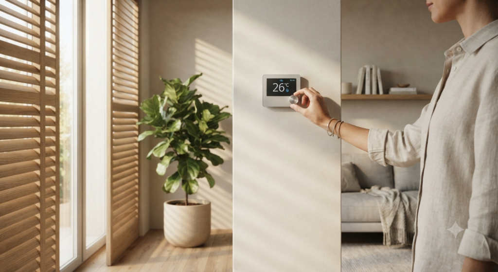 Personne ajustant un thermostat de climatisation à 26 degrés dans une maison lumineuse pour économiser l'électricité