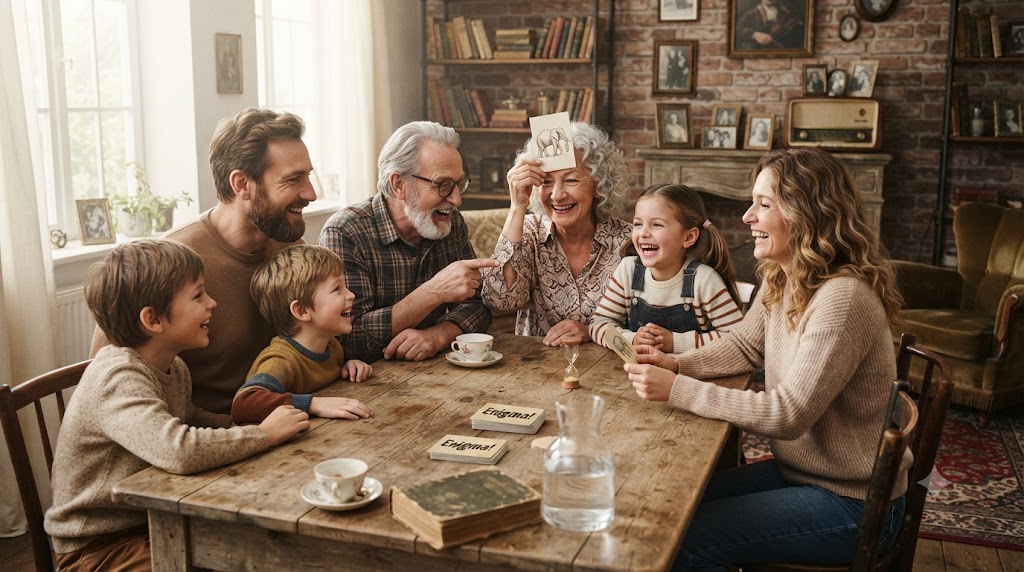 Famille multigénérationnelle jouant aux devinettes autour d'une table, ambiance chaleureuse et complice