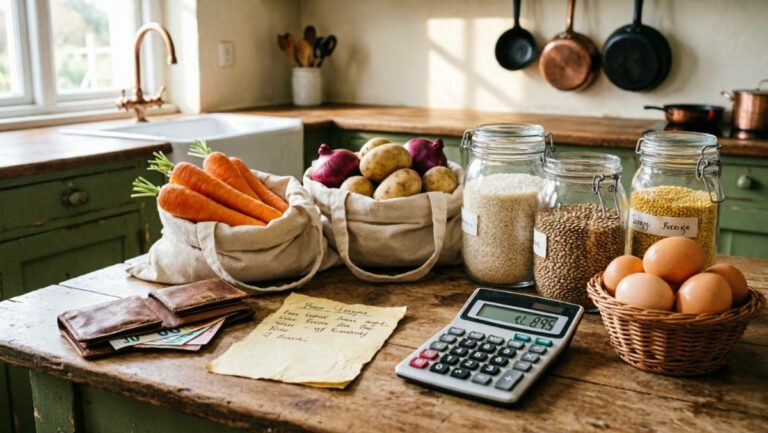 Table de cuisine rustique avec liste de courses manuscrite, portefeuille, calculatrice, sacs en toile remplis de légumes frais, bocaux en vrac et œufs - astuces de grand-mère pour faire ses courses avec un budget serré et économiser au quotidien en 2026