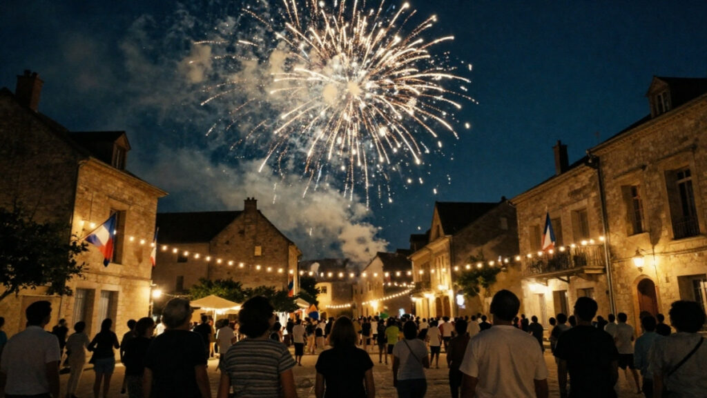 Illustration humoristique d'un feu d'artifice géant illuminant une place de village lors des festivités du 14 juillet.