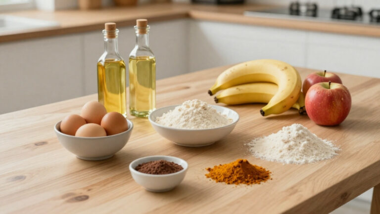 Table de cuisine rustique avec des ingrédients de substitution culinaire et des alternatives naturelles
