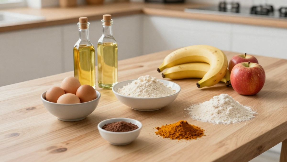 Table de cuisine rustique avec des ingrédients de substitution culinaire et des alternatives naturelles