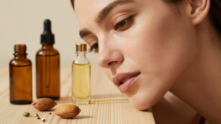 Flacons d’huiles d’argan, jojoba et rose musquée utilisés comme soins naturels du visage pour remplacer les crèmes industrielles