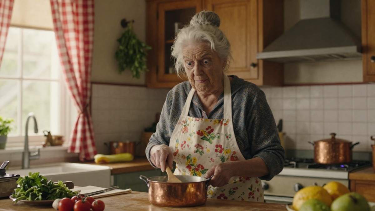 Illustration humoristique d'une grand-mère souriante dans une cuisine vintage racontant une blague sur les coulisses du 14 juillet.