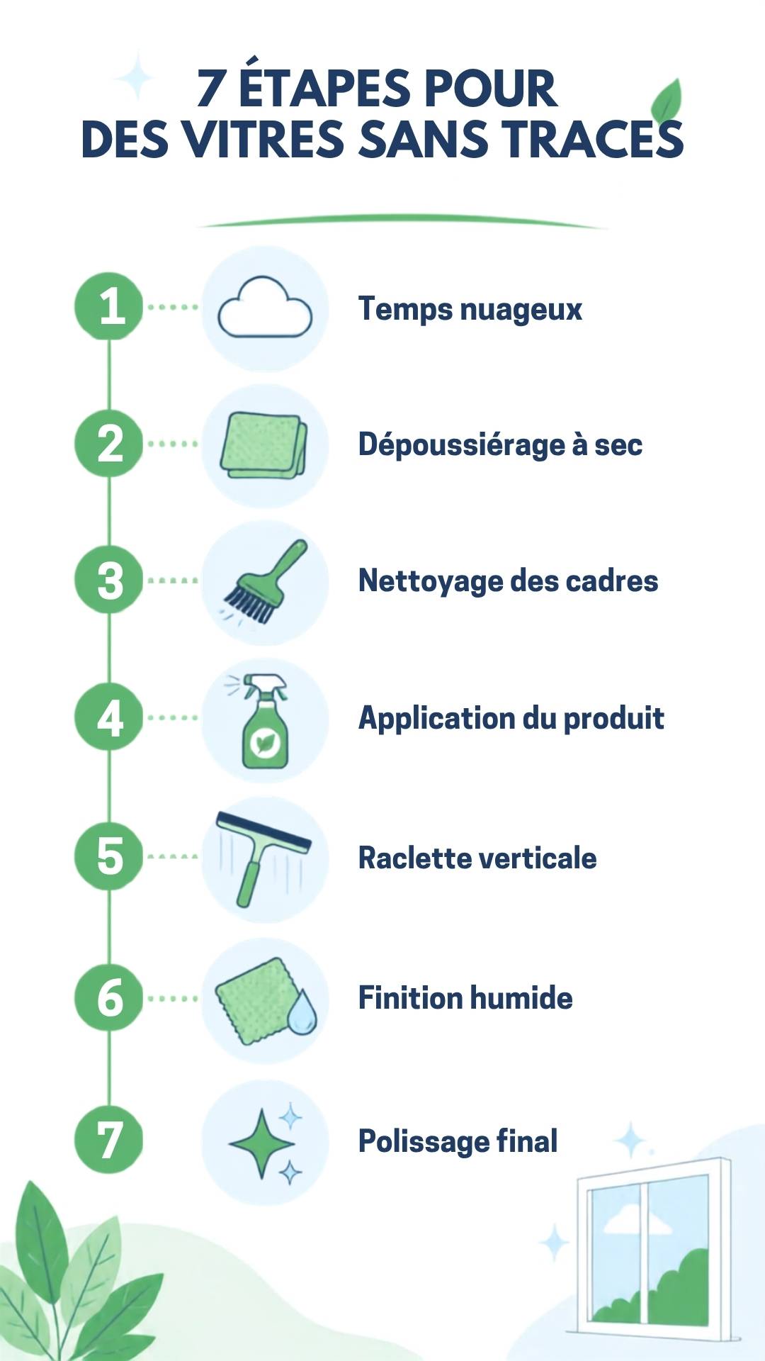 Infographie verticale 7 étapes pour nettoyer ses vitres sans traces : météo, dépoussiérage, raclette et lustrage final