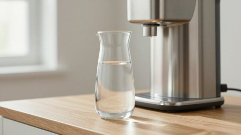 Carafe en verre d'eau filtrée et système de filtration en inox sur un plan de travail sain