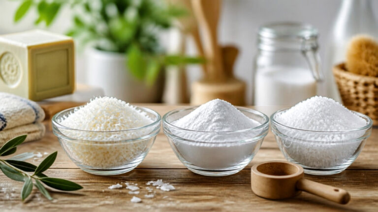 Bouteille en verre de lessive naturelle maison entourée de copeaux de savon de Marseille et de bicarbonate sur une table en bois, illustrant une recette de lessive écologique, économique et faite maison.